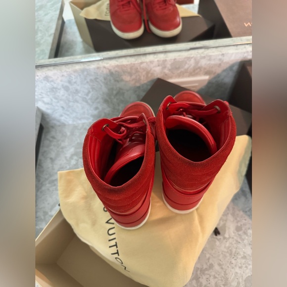 Authentic Louis Vuitton red leather and suede high top wedge sneakers - Picture 4 of 9